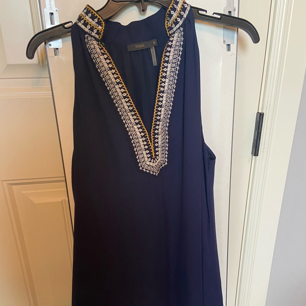 Navy Sleeveless Embroidered Dress
